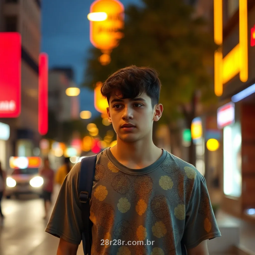 Jovem brasileiro na rua à noite com luzes douradas e vermelhas olhando o celular