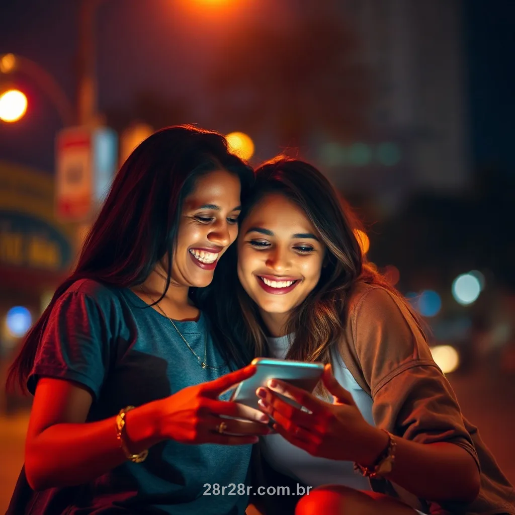 Dois amigos brasileiros rindo e olhando o celular juntos à noite
