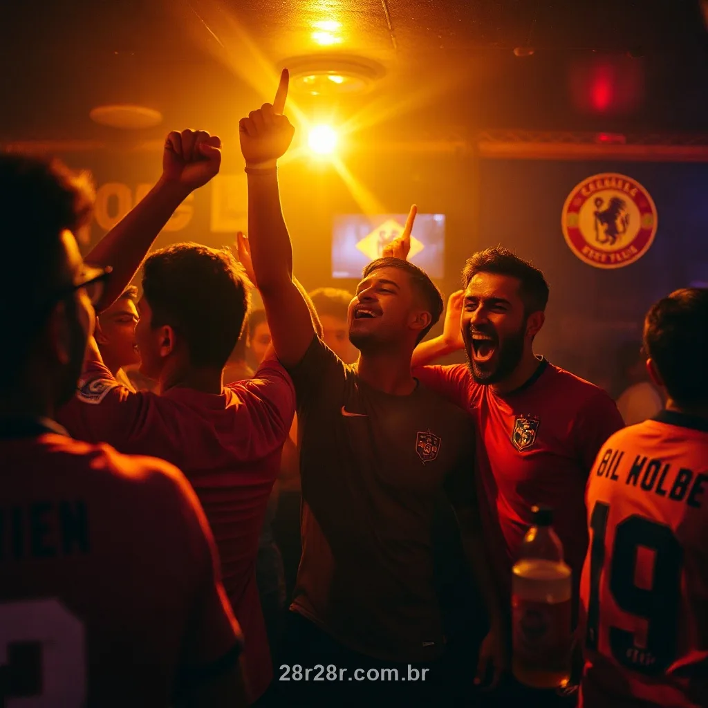 Torcedores brasileiros comemorando um gol num bar à noite sob luz dourada e vermelha