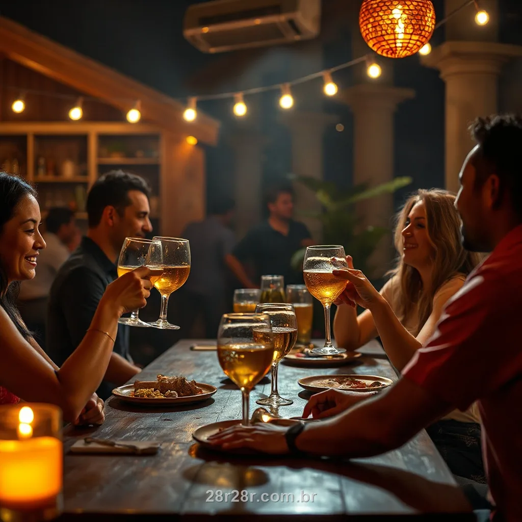 Amigos brasileiros comemorando juntos numa festa à noite com luzes douradas
