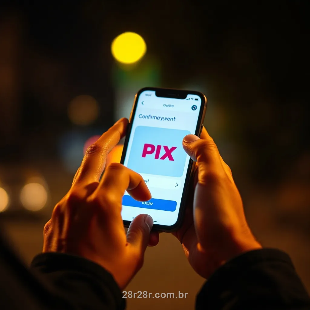 Pessoa confirmando um pagamento por PIX no celular à noite