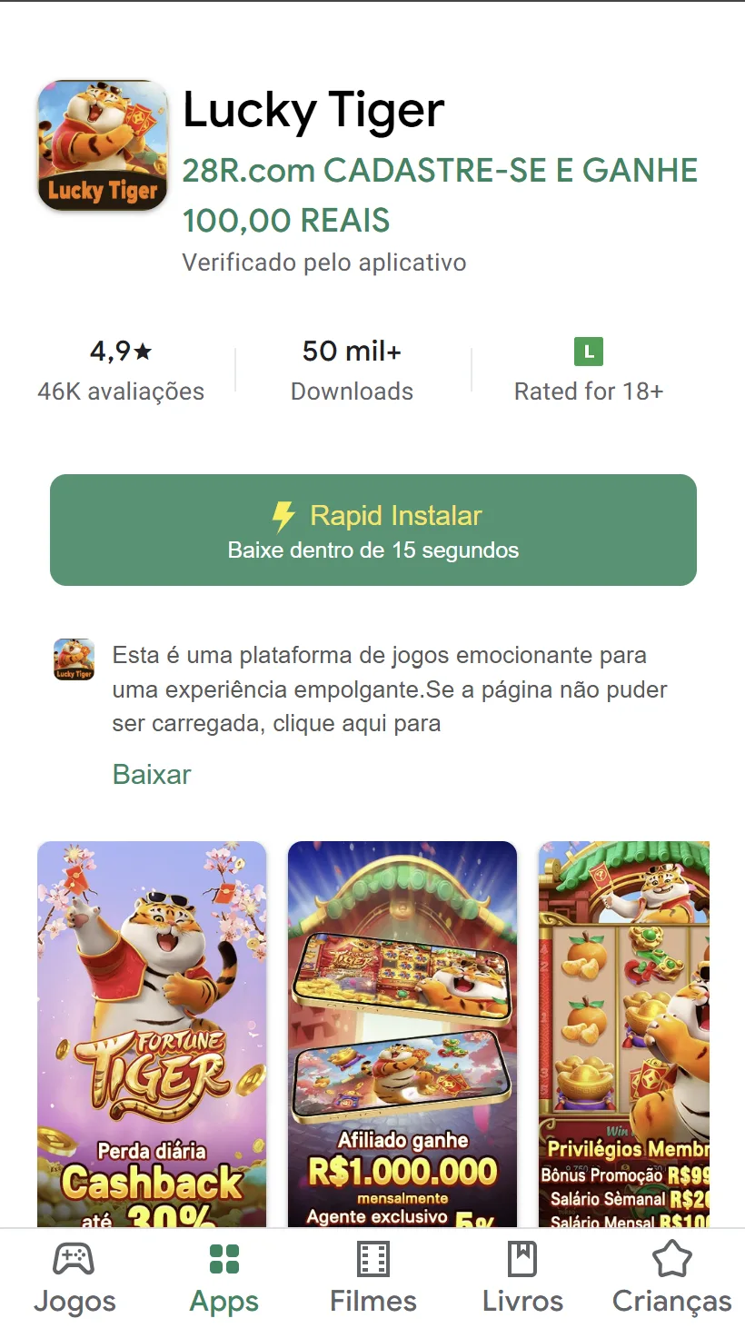 Tela do app oficial 28R.com com o Lucky Tiger e R$100